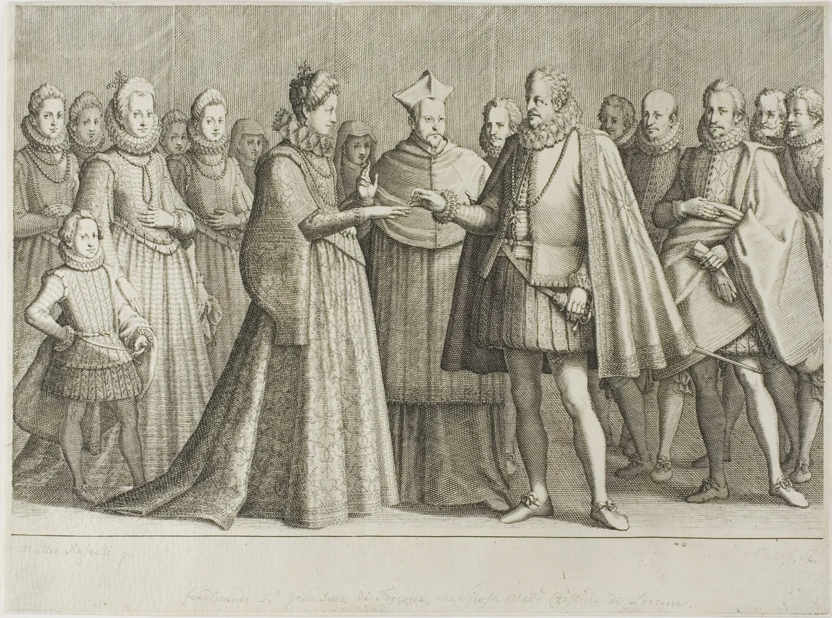 The Marriage of Ferdinand de' Medici and the Duchess Christine de Lorraine, plate 1 from The Life of Ferdinand de' Medici by Jacques Callot, print, 1616-1620