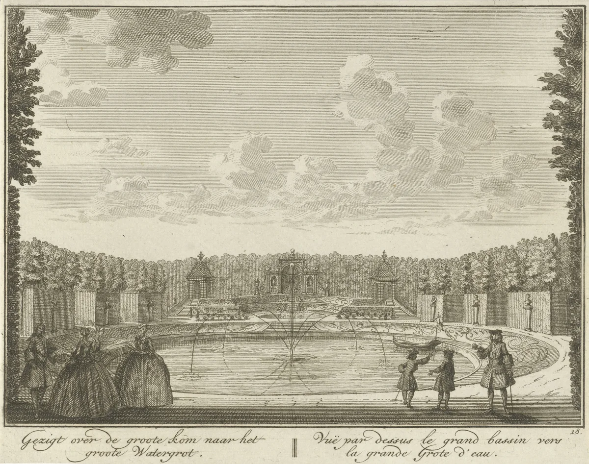 Gezicht op het bassin richting de watergrot in de tuin van Huis ter Meer te Maarssen by Hendrik de Leth, print, 1740
