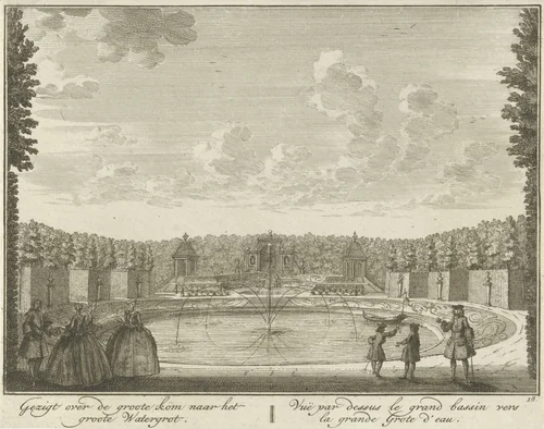 Gezicht op het bassin richting de watergrot in de tuin van Huis ter Meer te Maarssen by Hendrik de Leth, print, 1740