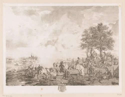 Landschap met paardenhandelaren op een markt by Jean Moyreau, print, 1733-1762