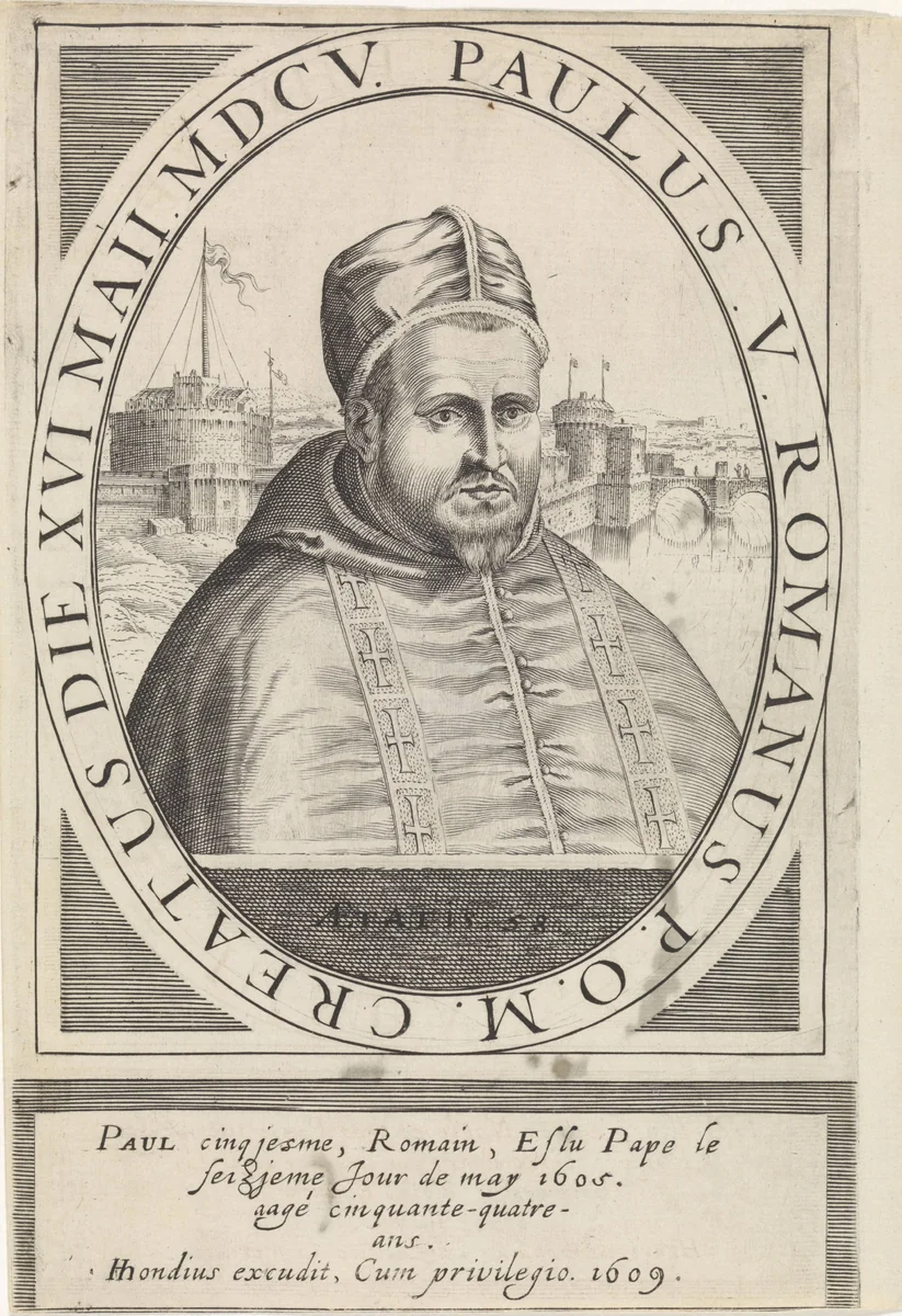 Portret van paus Paulus V by Hendrick Hondius, print, 1608