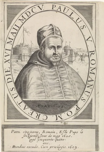 Portret van paus Paulus V by Hendrick Hondius, print, 1608