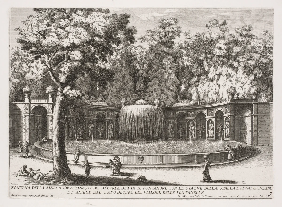 The Fountains of Rome (Le fontane di Roma), Book IV, plate 7: Fountain of the Tiburtine Sibyl (Fontana della Sibilla Tiburtina) by Giovanni Francesco Venturini, print, 1676-1700