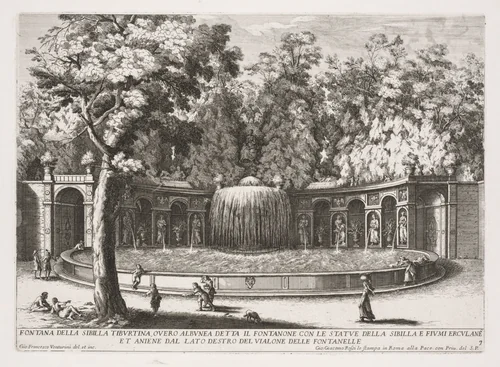 The Fountains of Rome (Le fontane di Roma), Book IV, plate 7: Fountain of the Tiburtine Sibyl (Fontana della Sibilla Tiburtina) by Giovanni Francesco Venturini, print, 1676-1700