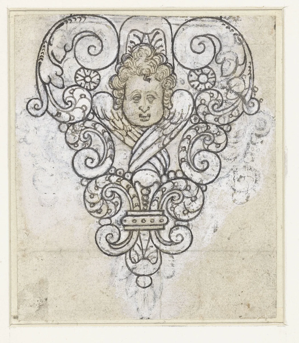Engelkopje met gekruiste vleugels te midden van voluten by anonymous, drawing, 1600-1699