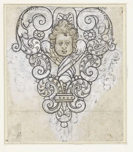 Engelkopje met gekruiste vleugels te midden van voluten by anonymous, drawing, 1600-1699