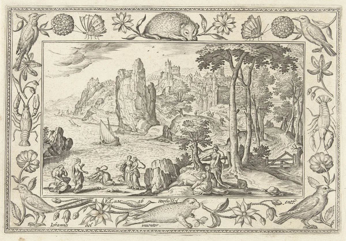 Mozes wordt gevonden door de dochter van farao by Unknown, print, 1582-1586
