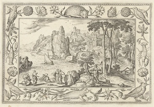 Mozes wordt gevonden door de dochter van farao by Unknown, print, 1582-1586