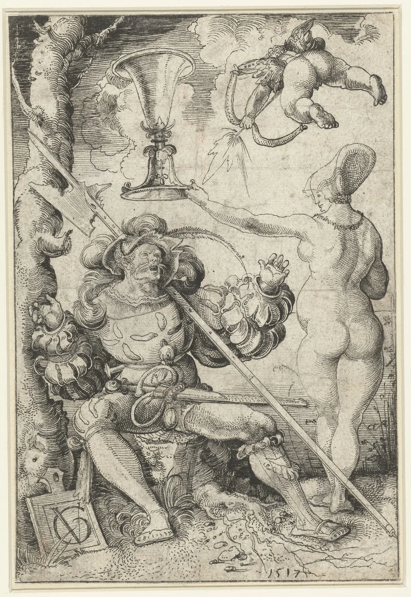 Hellebaardier in liefde ontstoken voor een naakte vrouw by Urs Graf, drawing, 1517