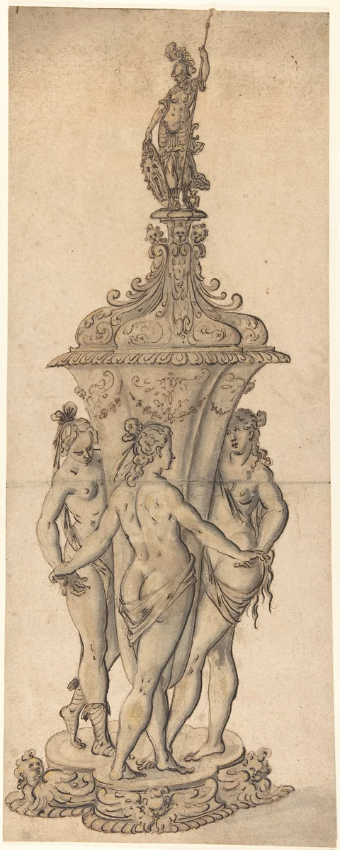 Design for a Goblet with the Three Graces by anonymous, drawing, 1600-1700