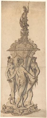 Design for a Goblet with the Three Graces by anonymous, drawing, 1600-1700