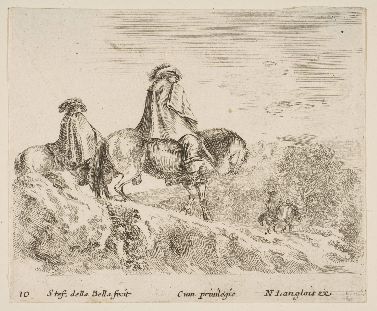 Two horsemen descending a mountain at left, another horseman to right in background, plate 10 from "Diversi capricci" by Stefano della Bella, print, 1639-1649