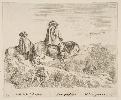 Two horsemen descending a mountain at left, another horseman to right in background, plate 10 from "Diversi capricci" by Stefano della Bella, print, 1639-1649