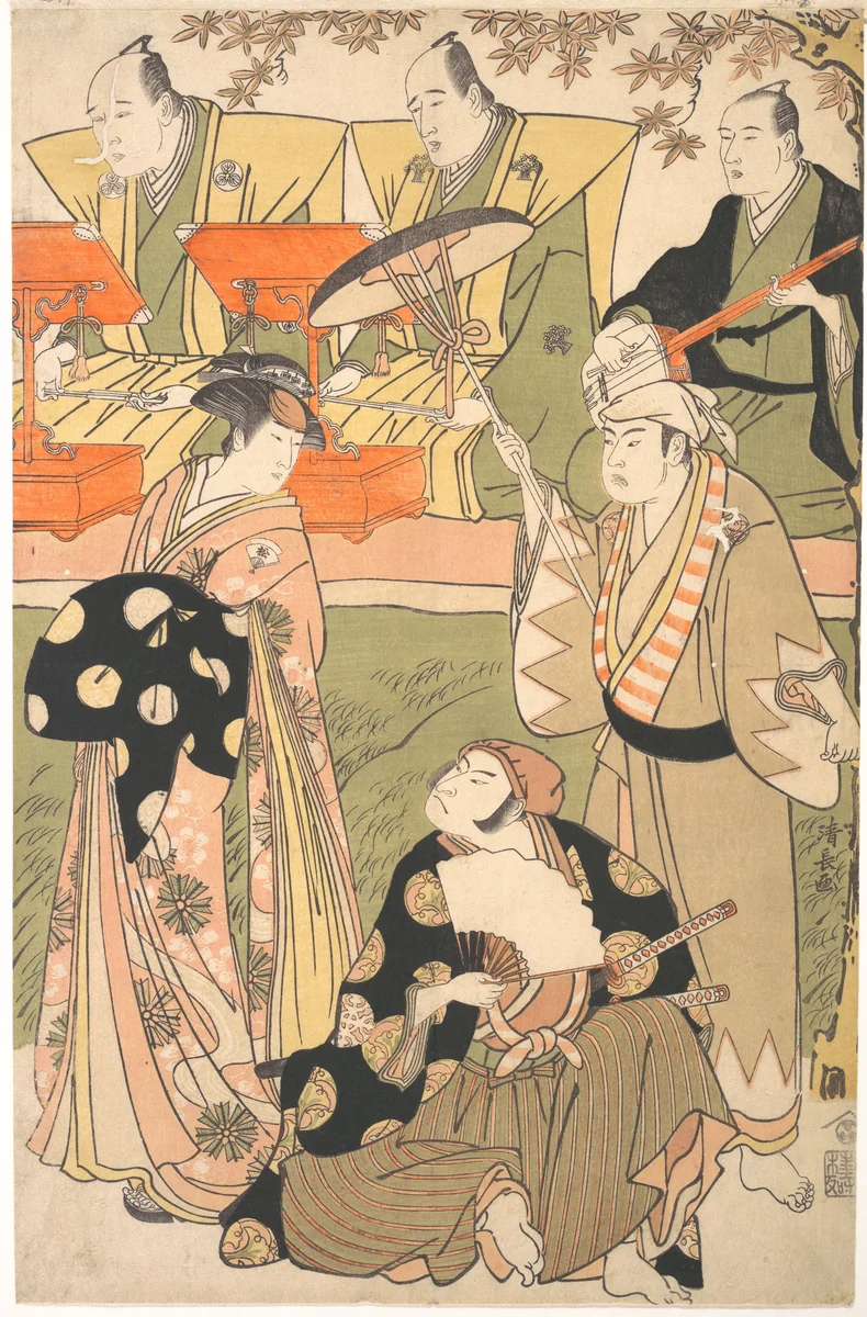 Theatrical Scene, with Musicians by Torii Kiyonaga (鳥居清長), print, 1742-1815