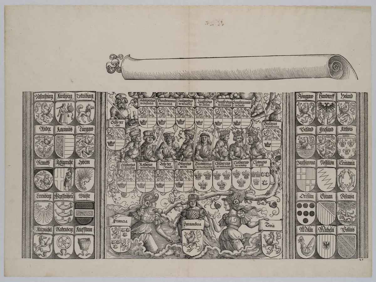 The Lower Portion of the Genealogy of Maximilian; with the Left Edge of the Scroll for the Explanatory Text, from the Arch of Honor, proof, dated 1515, printed 1517-18 by Hans Springinklee, print, 1515-1517
