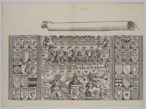 The Lower Portion of the Genealogy of Maximilian; with the Left Edge of the Scroll for the Explanatory Text, from the Arch of Honor, proof, dated 1515, printed 1517-18 by Hans Springinklee, print, 1515-1517