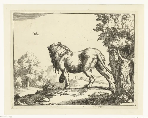 Staande leeuw van achter gezien by Marcus de Bye, print, 1664