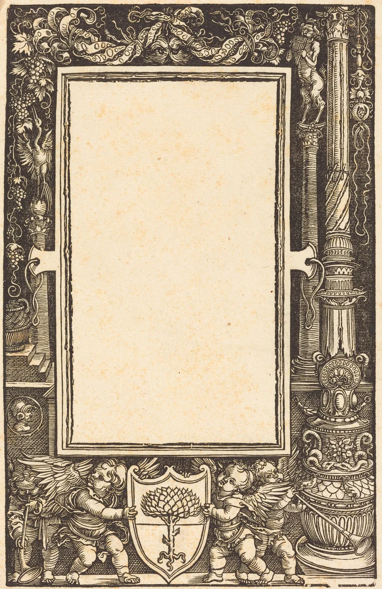 Title-Border with Putti Holding the Pirckheimer Arms by Albrecht Dürer, print, 1513