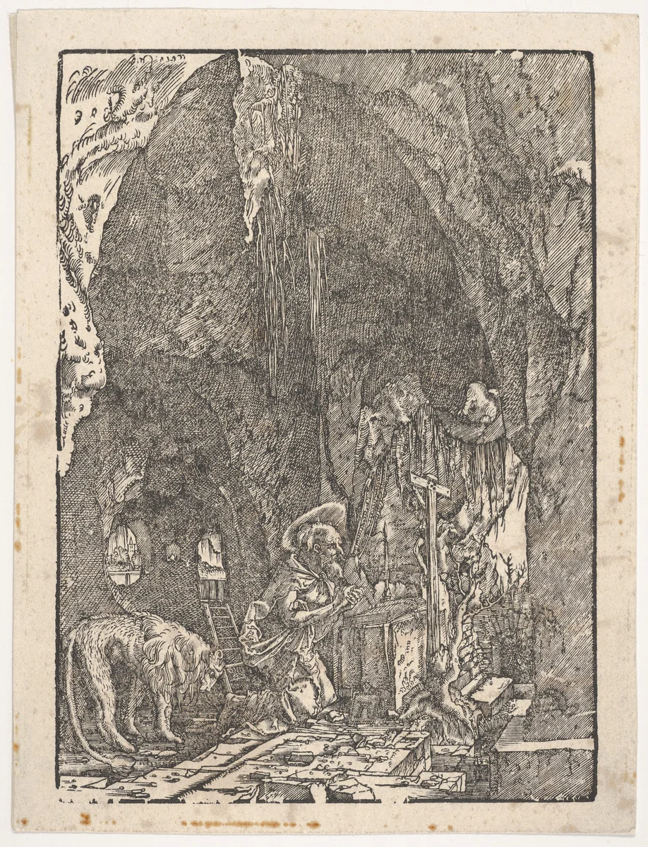Saint Jerome in Penitence, in a Cave, from "Holzschnitte alter deutscher Meister in den Original-Platten gesammelt von Hans Albrecht von Derschau" by Albrecht Altdorfer, print, 1810