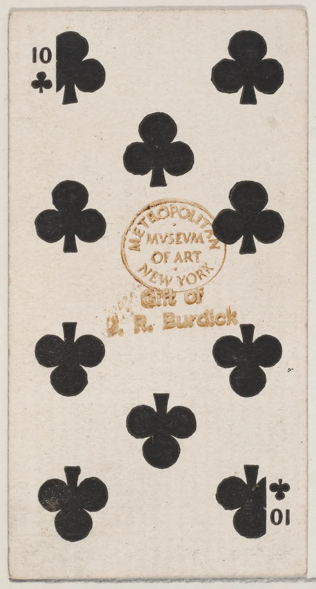 Ten Clubs (black), from the Playing Cards series (N84) for Duke brand cigarettes by W. Duke, Sons & Co., print, 1888