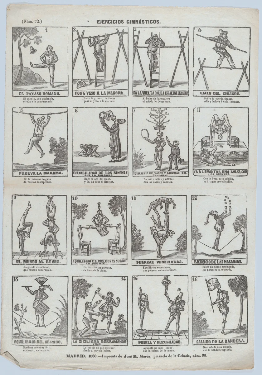 Broadside with 16 scenes showing gymnastic exercises by José María Marés, print, 1860