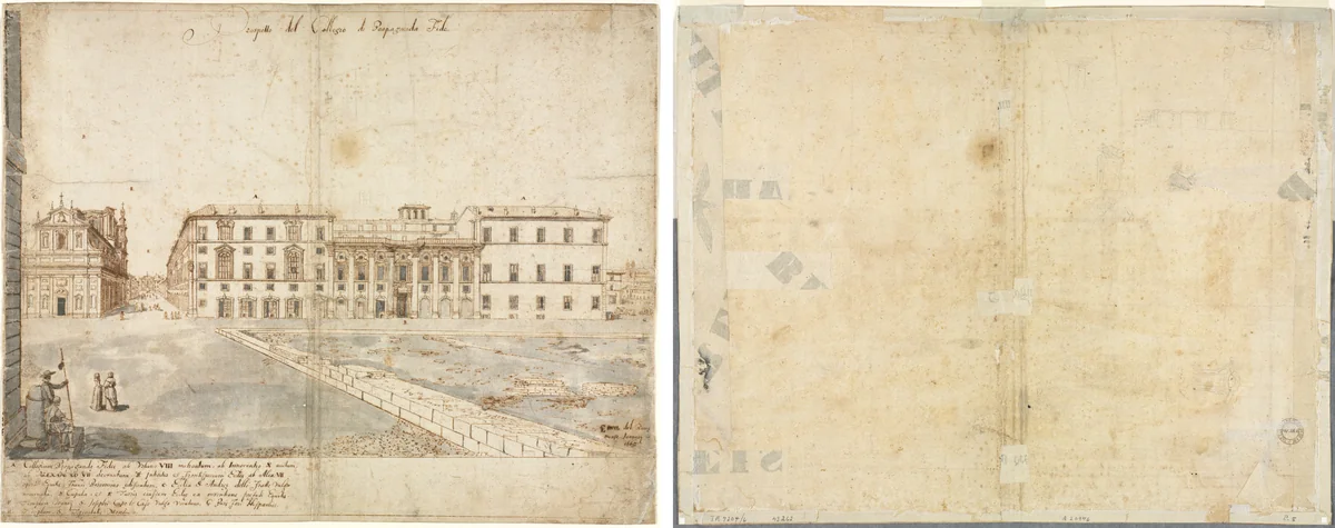 Eighteen Views of Rome: The Collegio di Propaganda Fide (recto); Sketches of Windows and Pilasters of the Attic Storey of the Collegio di Propaganda Fide (verso) by Lievin Cruyl, drawing, 1665