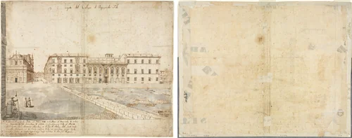 Eighteen Views of Rome: The Collegio di Propaganda Fide (recto); Sketches of Windows and Pilasters of the Attic Storey of the Collegio di Propaganda Fide (verso) by Lievin Cruyl, drawing, 1665