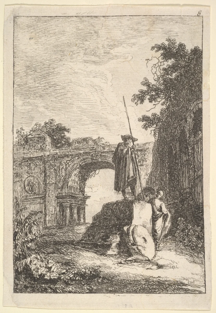 Plate 8: The Triumphal Arch: a man standing atop an architectural fragment in center with two men below, seen from behind, remains of a triumphal arch in the background and the ruins of an arcade to right, from "Les soirées de Rome" by Hubert Robert, print, 1763-1764