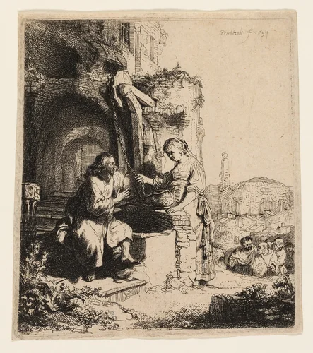 Christ and the Woman of Samaria Among Ruins by Rembrandt van Rijn, print, 1634