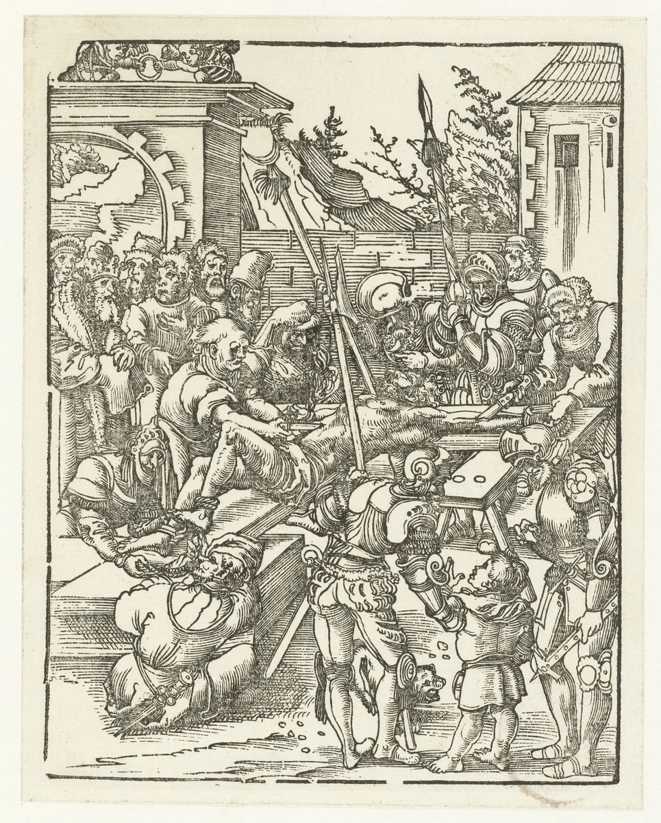 Marteldood van Bartolomeüs als hij levend wordt gevild by Lucas Cranach, print, 1510-1514