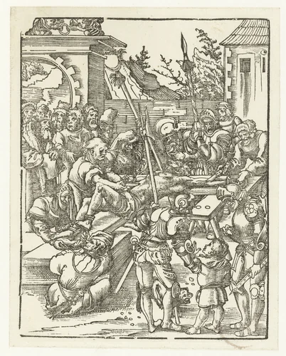 Marteldood van Bartolomeüs als hij levend wordt gevild by Lucas Cranach, print, 1510-1514