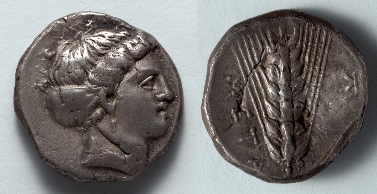 Stater: Head of Kore (obverse); Barley (reverse) by Unknown, metalwork, -345--335