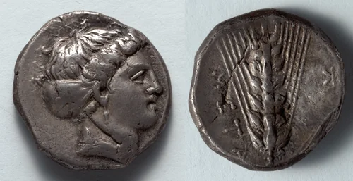 Stater: Head of Kore (obverse); Barley (reverse) by Unknown, metalwork, -345--335