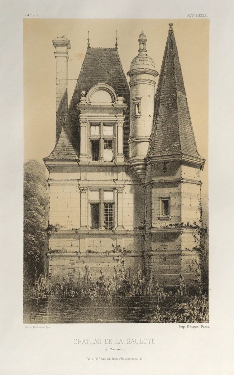 Architecture Pittoresque ou Monuments des XVeme. Et XVIeme. Siecles: Chateaux de France des XV et XVI Siecles: Pl. 64, Château De La Sauloye (Mayenne) by Victor Petit, print, 1860