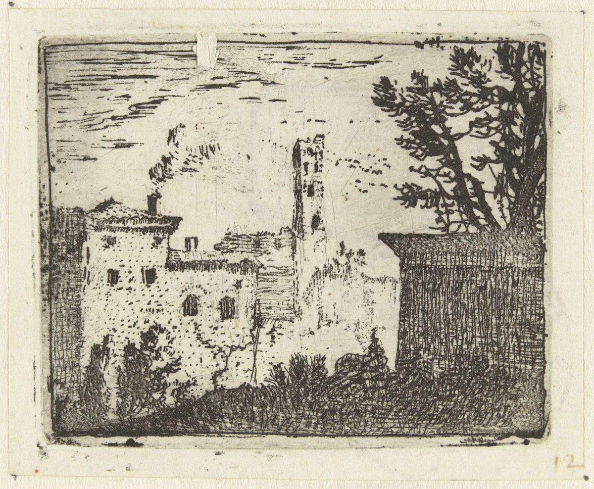 Gebouwen met vierkante toren by Karel du Jardin, print, 1652-1659