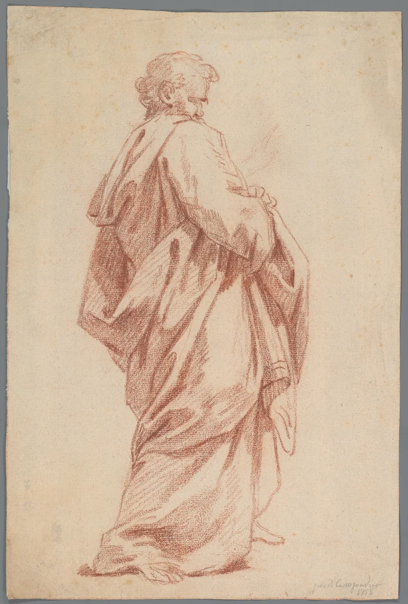 Studie van een in lange mantel gedrapeerd model by anonymous, drawing, 1758