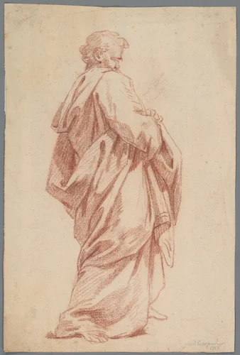 Studie van een in lange mantel gedrapeerd model by anonymous, drawing, 1758