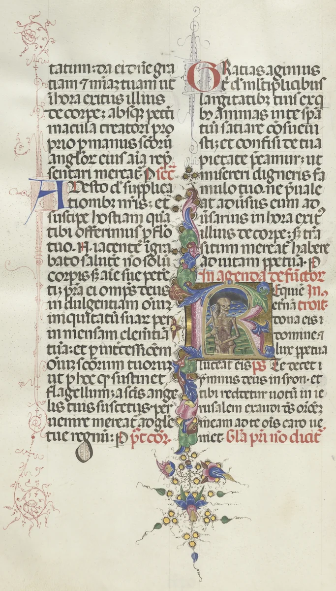 Missale: Fol. 387v: Death represented as a Skeleton with a Sickle by Bartolommeo Caporali, book, 1469