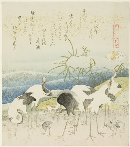 Cranes by the Shore, illustration for The Leg Shell (Ashigai), from the series "A Matching Game with Genroku-period Poem Shells (Genroku kasen kai awase)" by Katsushika Hokusai (葛飾 北斎), print, 1816-1826