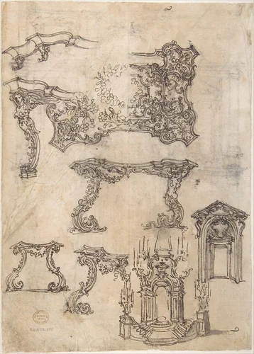Sheet with Various Designs for Tables and a Funerary Monument by Giovanni Battista Foggini, drawing, 1652-1725