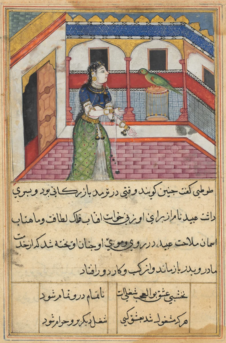 The parrot addresses Khujasta at the beginning of the forty-second night, from a Tuti-nama (Tales of a Parrot) by Unknown, painting, 1555-1565