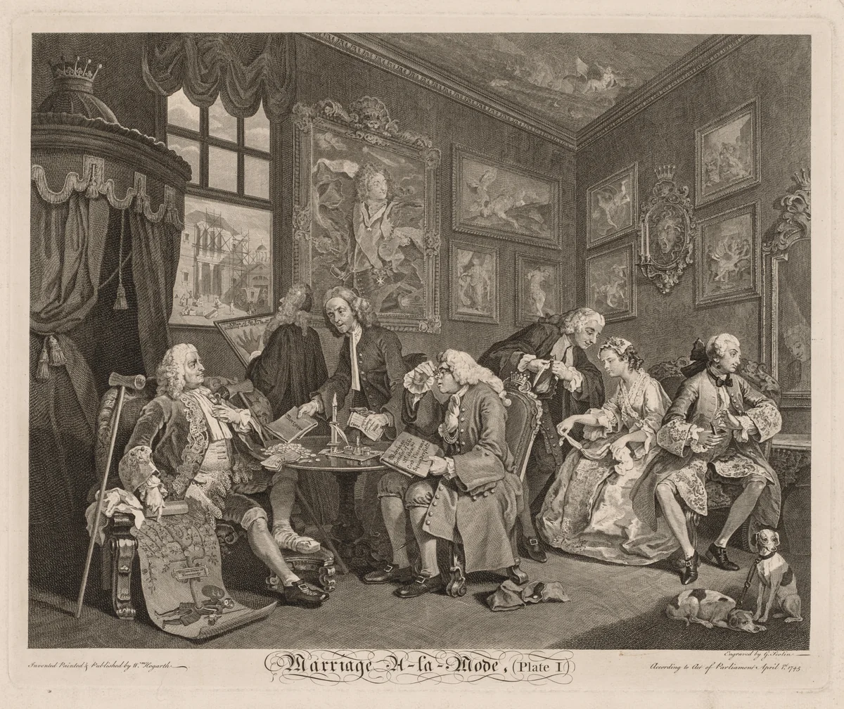 The Marriage Settlement, Plate 1 by Gérard Jean Baptiste Scotin, print, 1745