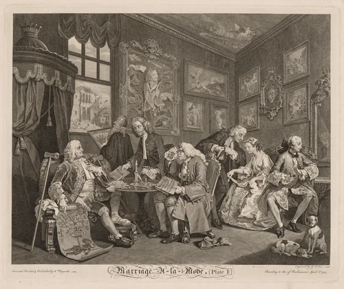 The Marriage Settlement, Plate 1 by Gérard Jean Baptiste Scotin, print, 1745