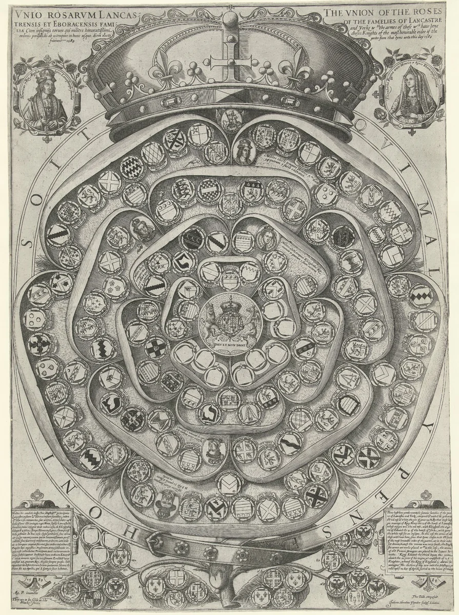 Gekroonde Tudor Rose met wapens by Unknown, print, 1589