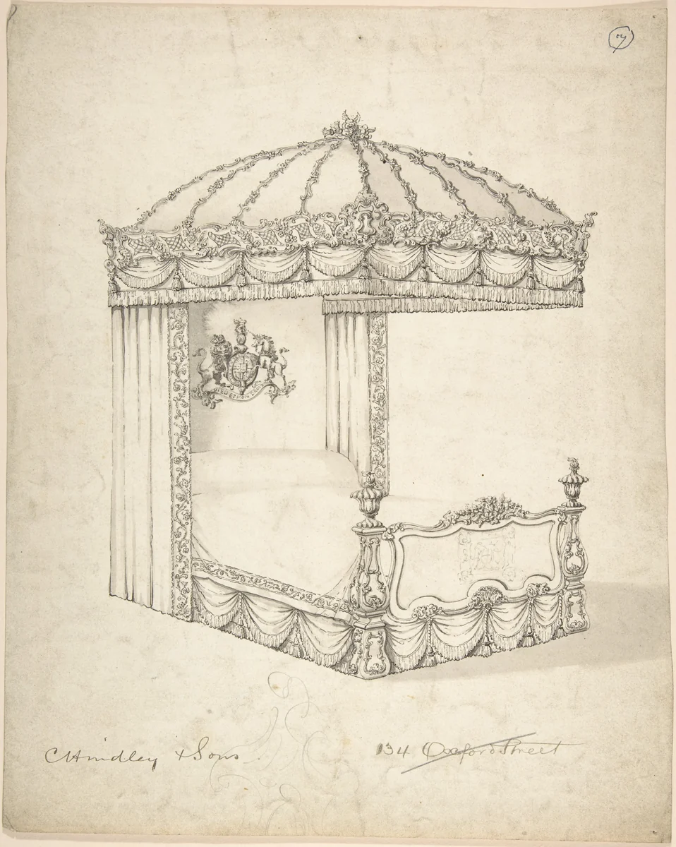 Design for Bed and Canopy by Charles Hindley and Sons, drawing, 1841-1884