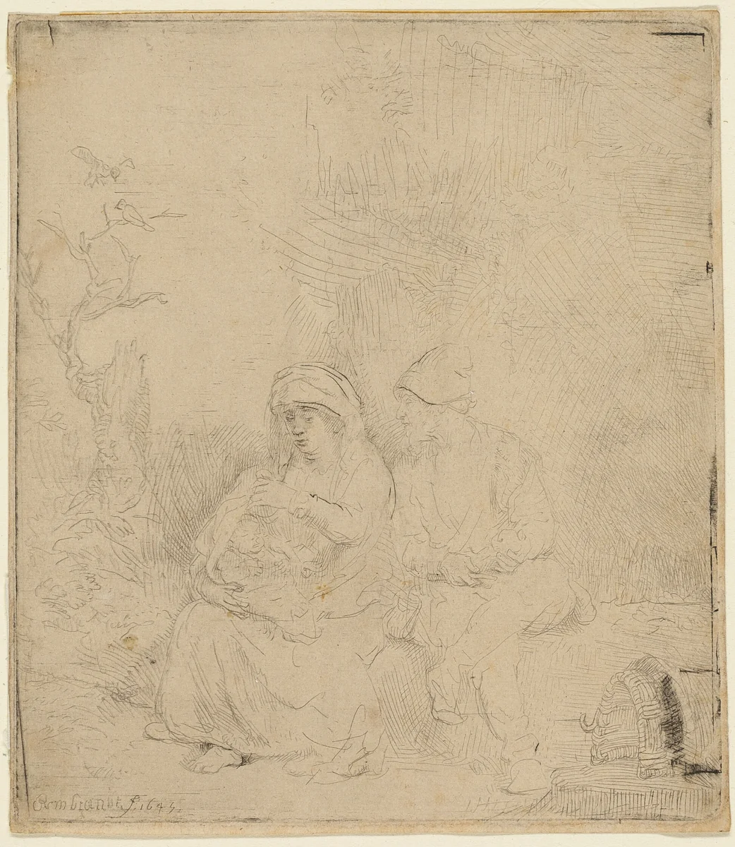 The Rest on the Flight into Egypt: Lightly Etched by Rembrandt van Rijn, print, 1645