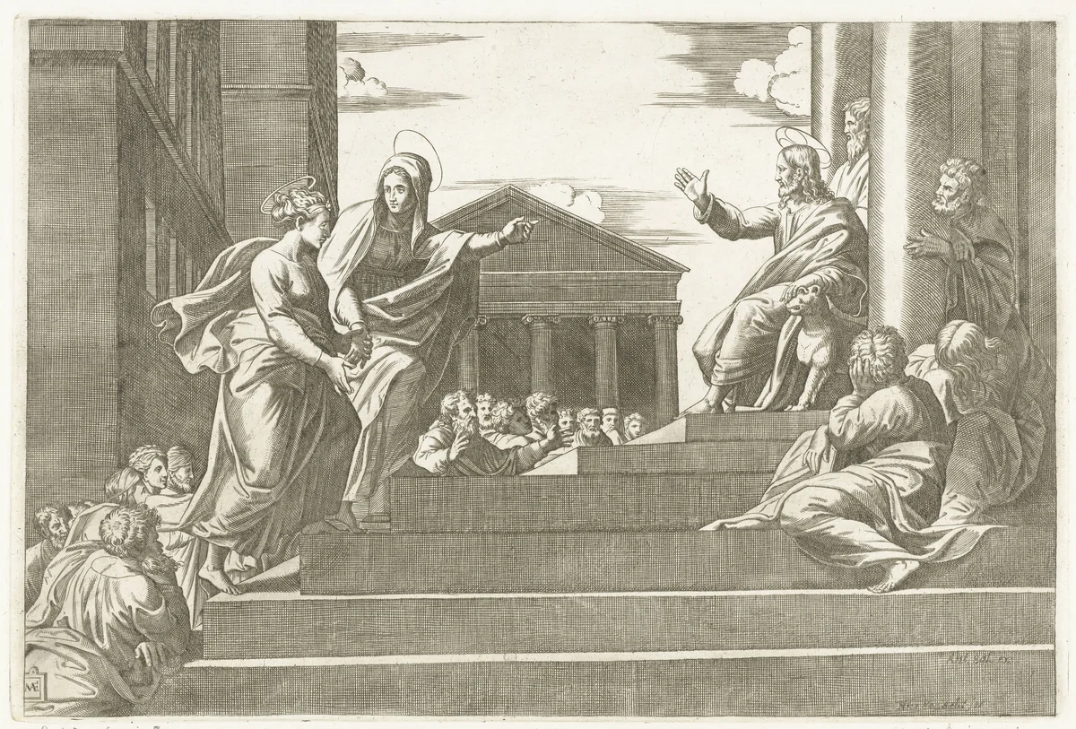 Marta leidt Maria Magdalena naar prekende Christus by anonymous, print, 1518-1562