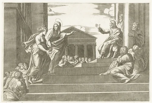 Marta leidt Maria Magdalena naar prekende Christus by anonymous, print, 1518-1562