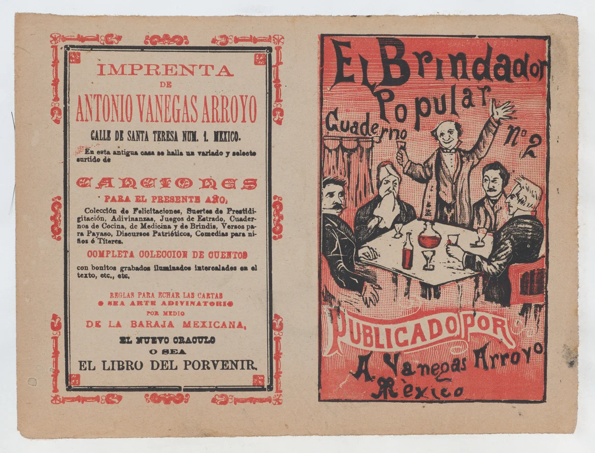 Cover for 'El Brindador Popular', a man raising a toast to a group of people seated around a table by José Guadalupe Posada, print, 1875-1915