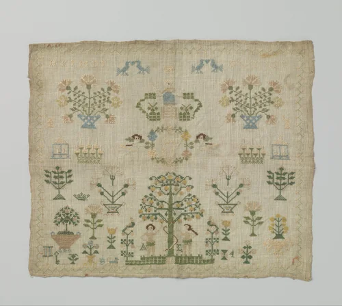 Merklap waarop geborduurd Adam en Eva en het jaartal 1749. by anonymous, textile, 1749